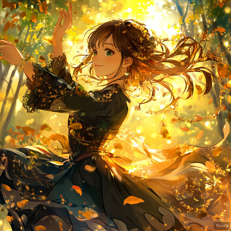 Anime-style illustration of a young woman in a forest