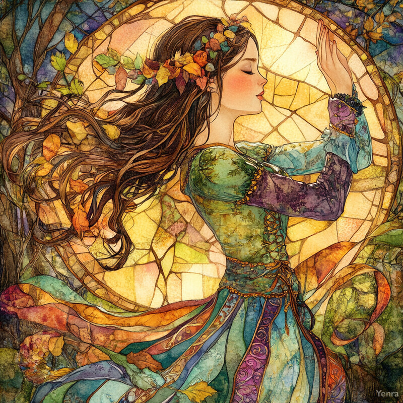 A serene and enchanting depiction of a forest nymph surrounded by lush foliage.