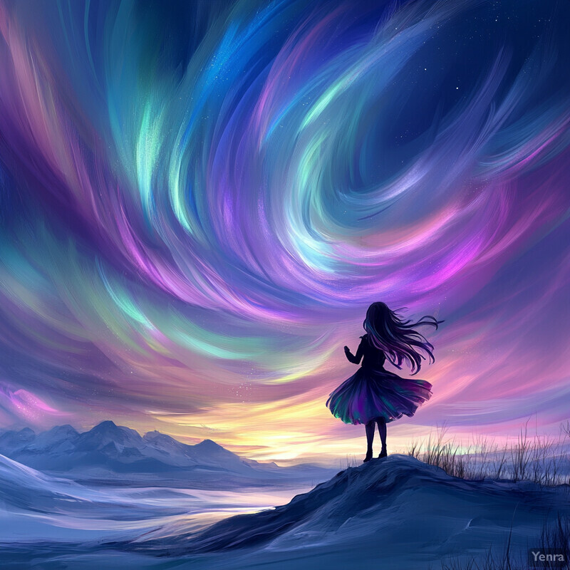 A woman stands on a snow-covered hill, gazing up at the breathtaking display of auroras in the sky.