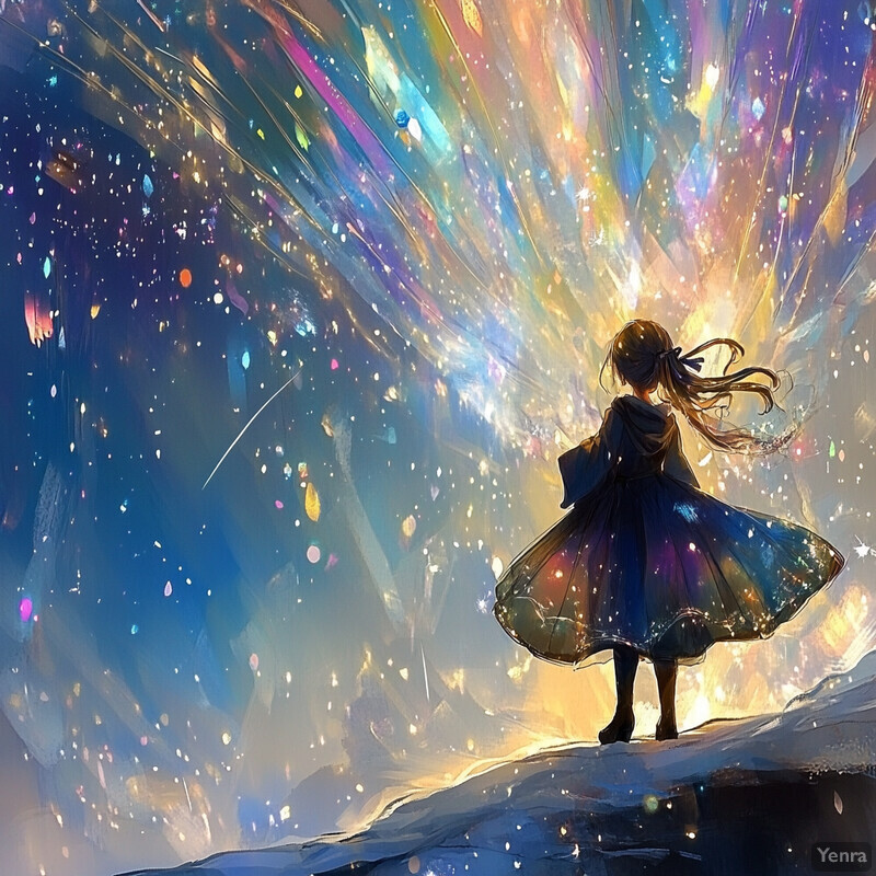 A young girl stands on a rocky outcropping, gazing up at a vibrant aurora borealis.