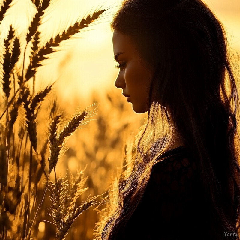 A woman standing in a wheat field during the golden hour