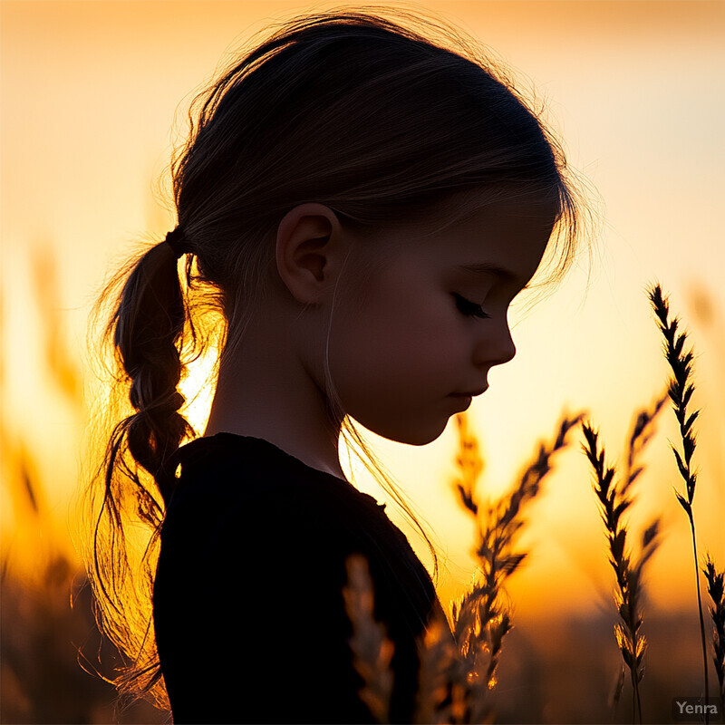 A young girl stands in a field at sunset, looking down at something on the ground.