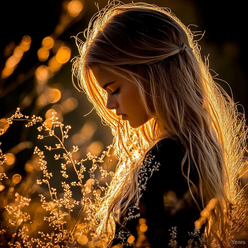 A woman stands amidst a field of wildflowers during golden hour, exuding a sense of contemplation and connection with nature.