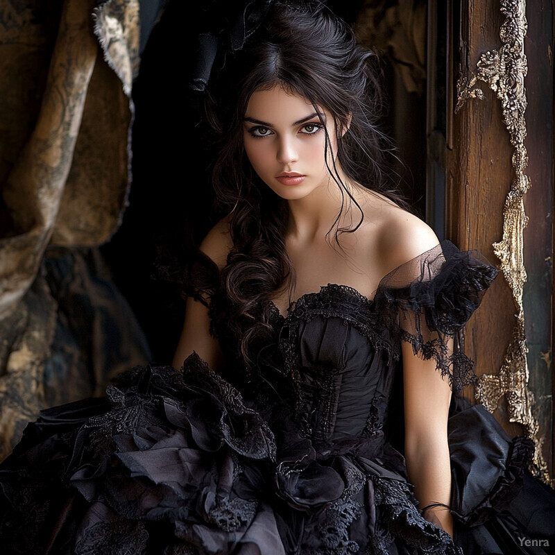 A young woman in a black Victorian-style gown with lace trim and full skirt, exuding elegance and refinement.