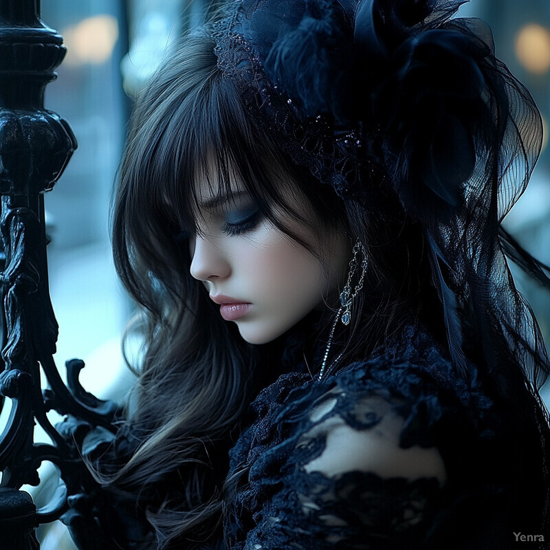 A young woman in a black lace dress leans against an ornate wrought iron fence or gate, exuding elegance with dangling earrings and long dark hair.