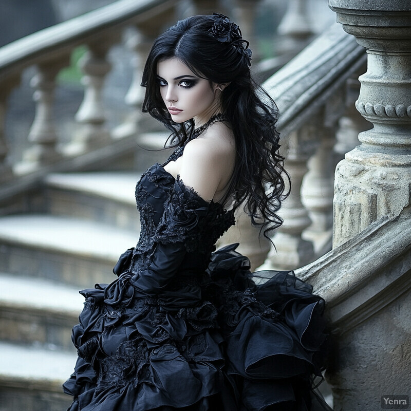 Woman in black gown standing on stone steps