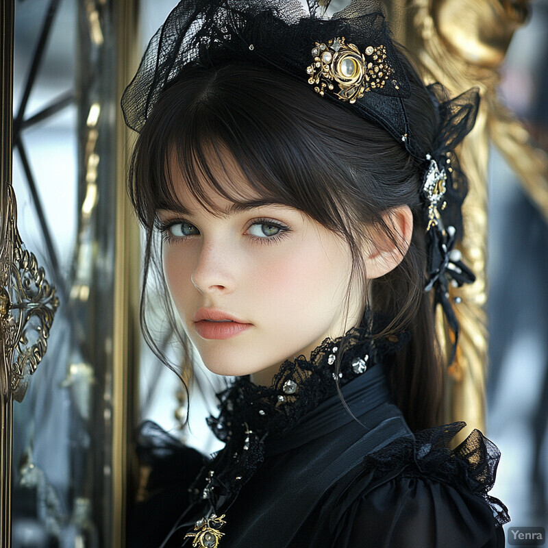 A young woman with fair skin and dark hair styled in an elegant updo, wearing a black dress or blouse with puffy sleeves and a high neckline, posing against a blurred background of an ornate wall or room divider.