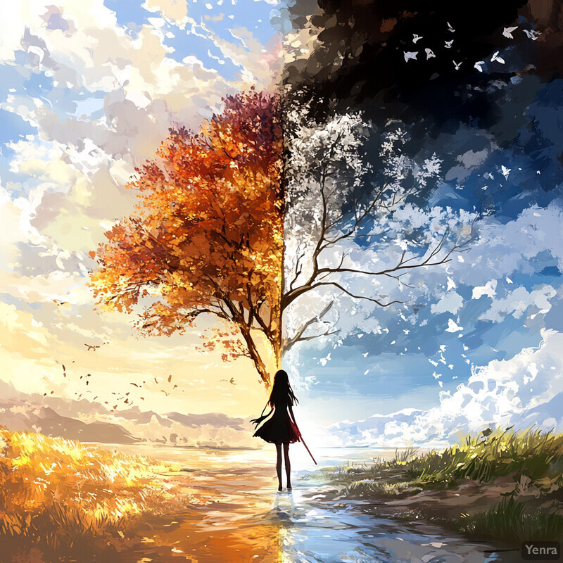 A young girl stands in front of a tree with four seasons on its trunk, surrounded by natural scenery.