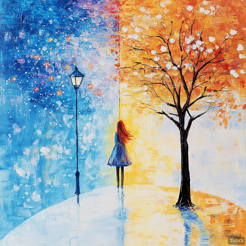 A woman stands on a path between two seasons, gazing at a tree adorned with white blossoms.