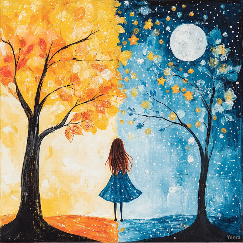 A woman stands in front of two trees, gazing at the moon