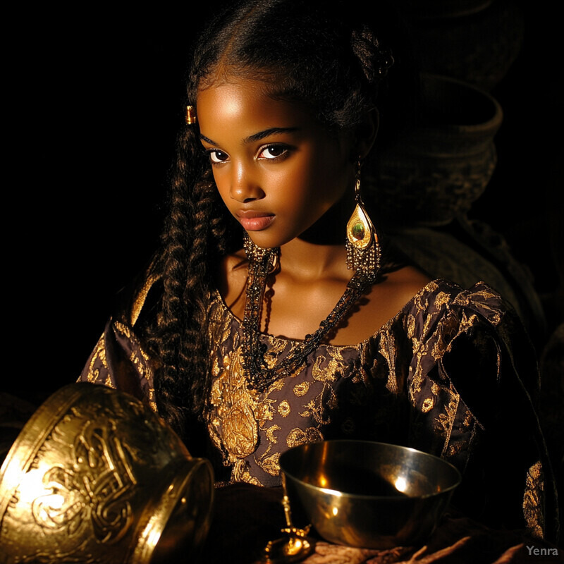 A young girl dressed in gold and brown attire, surrounded by objects on a table.