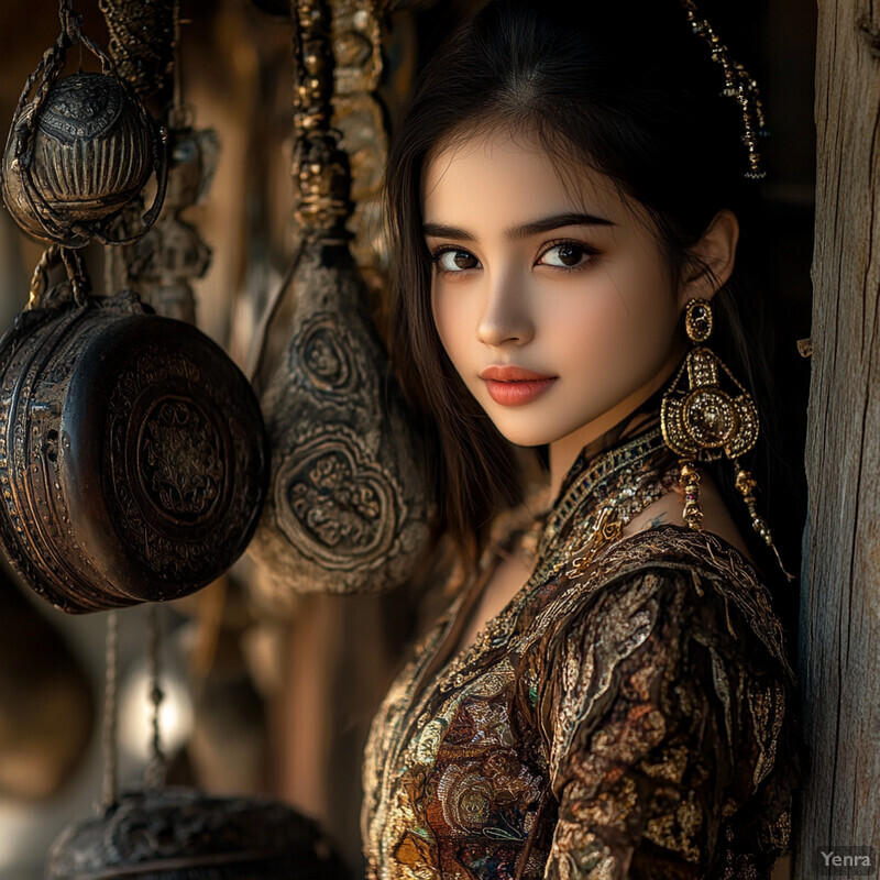 A young woman in ornate attire, likely traditional or cultural, with a neutral expression