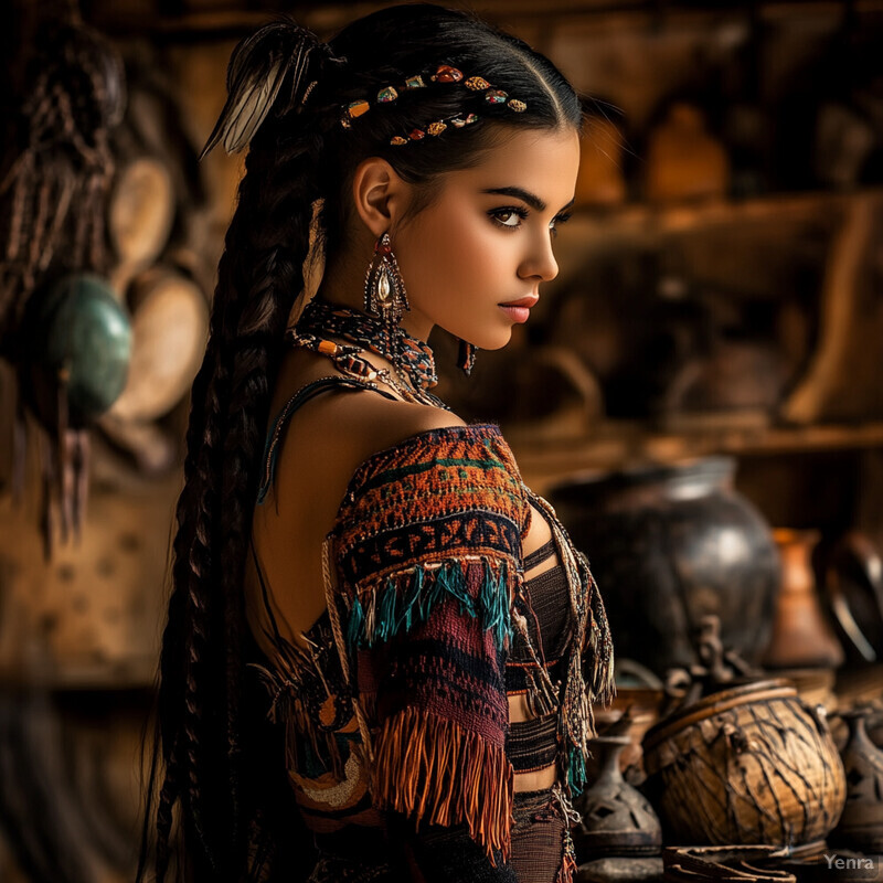 A woman with long dark hair in braids wears an ornate dress with cutouts and tassels, standing in front of clay pots and a wall display.