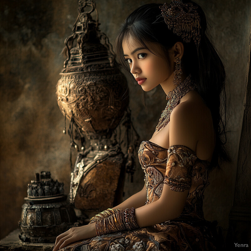 An Asian woman with long dark hair and intricate gold accessories posing in front of a plain gray backdrop, digitally enhanced or manipulated for aesthetic purposes.