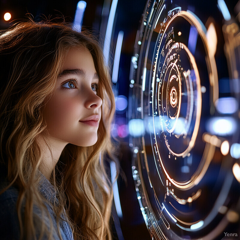 A young girl gazes at a large circular object emitting light