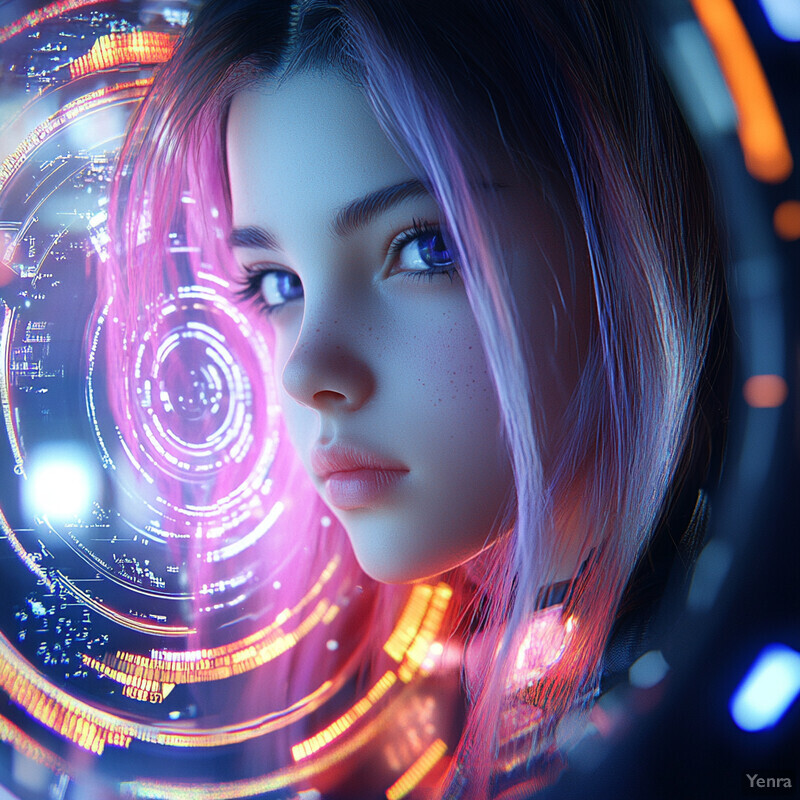 A young girl with blue eyes looks directly at the viewer, surrounded by a circular design reminiscent of an iris scanner or other futuristic technology.