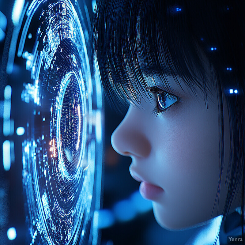 A young girl with blue eyes and dark hair gazes at a holographic display.