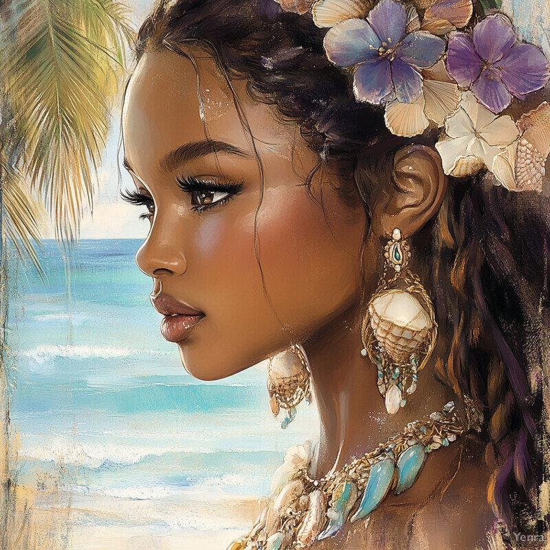 A stunning painting of an island empress with seashells and flowers in her hair, exuding elegance and poise.