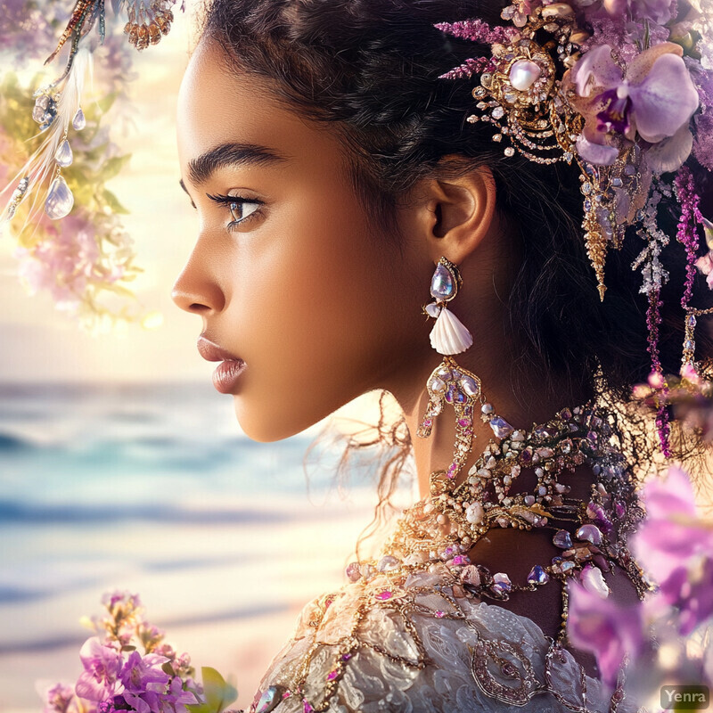 A serene island princess stands on a sandy beach, surrounded by lush greenery and vibrant flowers, gazing out at the horizon where sea meets sky.