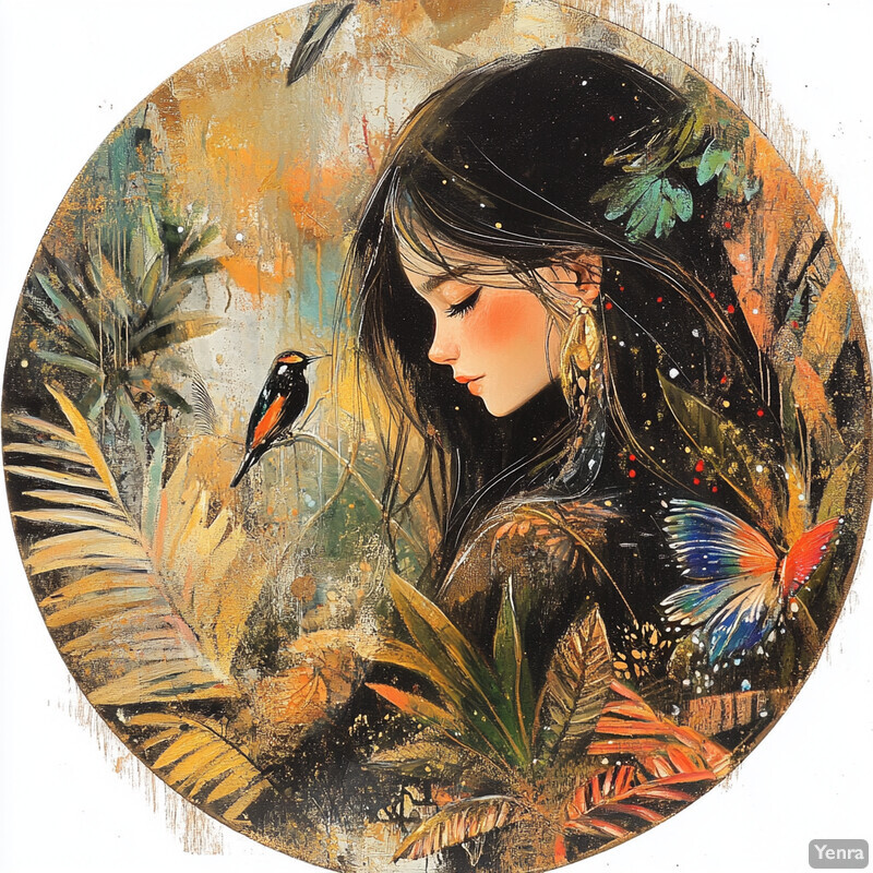 A circular painting of a young girl surrounded by plants and a bird, with a warm and inviting atmosphere.