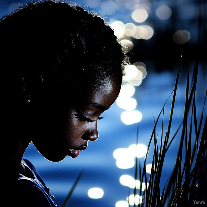 Young girl standing in front of a body of water at night