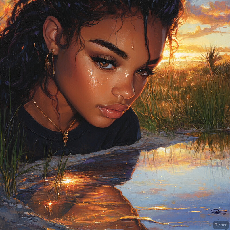 A young woman with dark skin and curly black hair gazes down at her reflection in a body of water, surrounded by tall grasses or reeds and a warm orange sky.