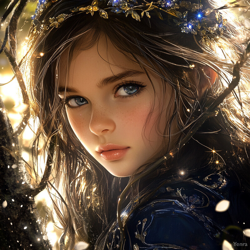 A young girl in a fantasy setting, wearing an ornate gold crown or headpiece and a dark-colored dress or top with intricate designs.