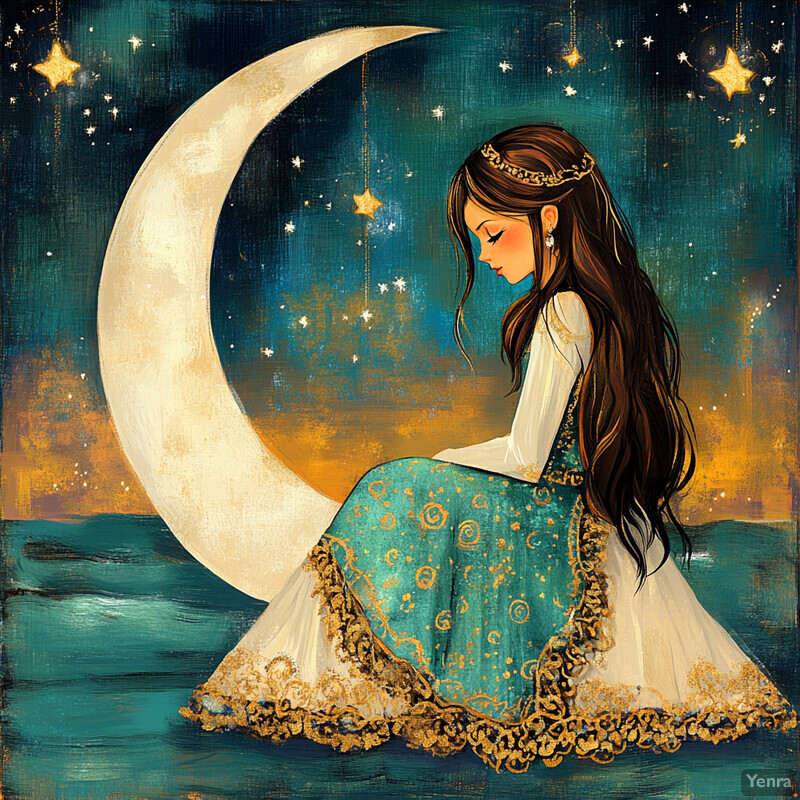 A serene scene of a woman sitting on the moon in a starry night sky.