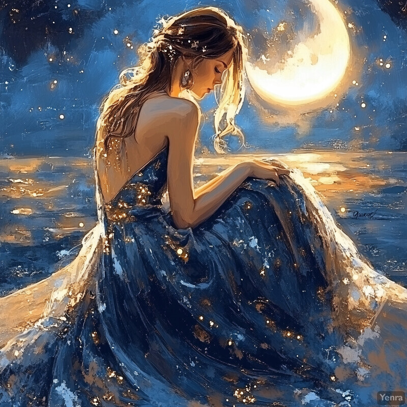 A serene painting of a woman gazing at the moon on a rocky outcropping.