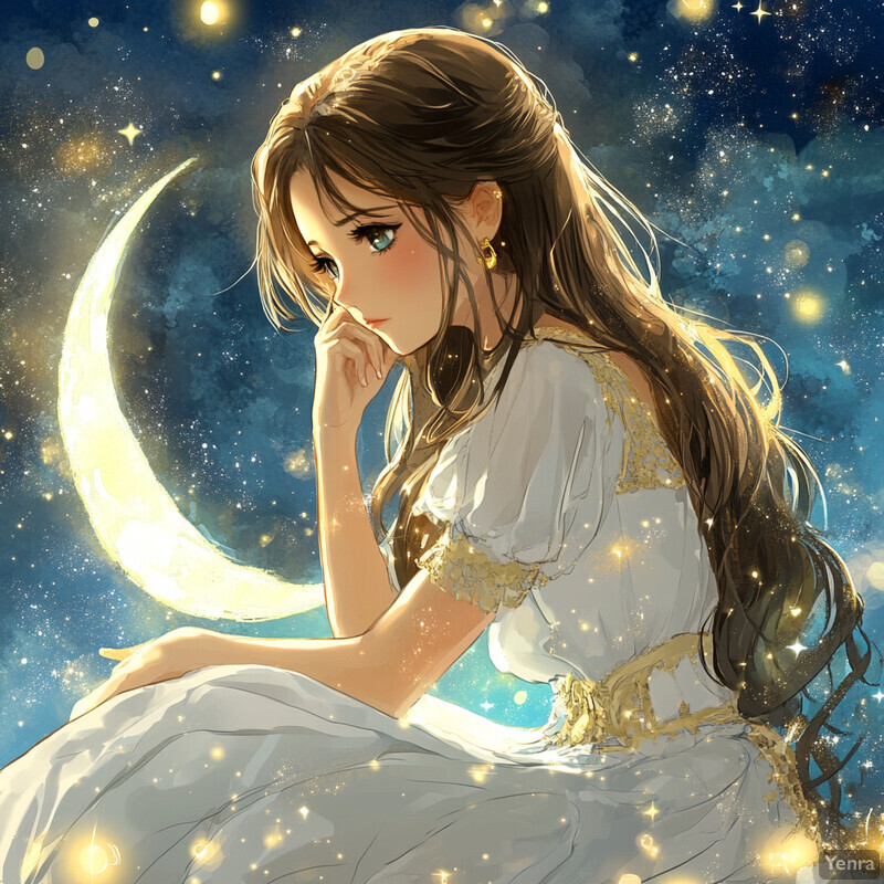 A young woman sits in front of a crescent moon, lost in thought with a gentle smile on her face.