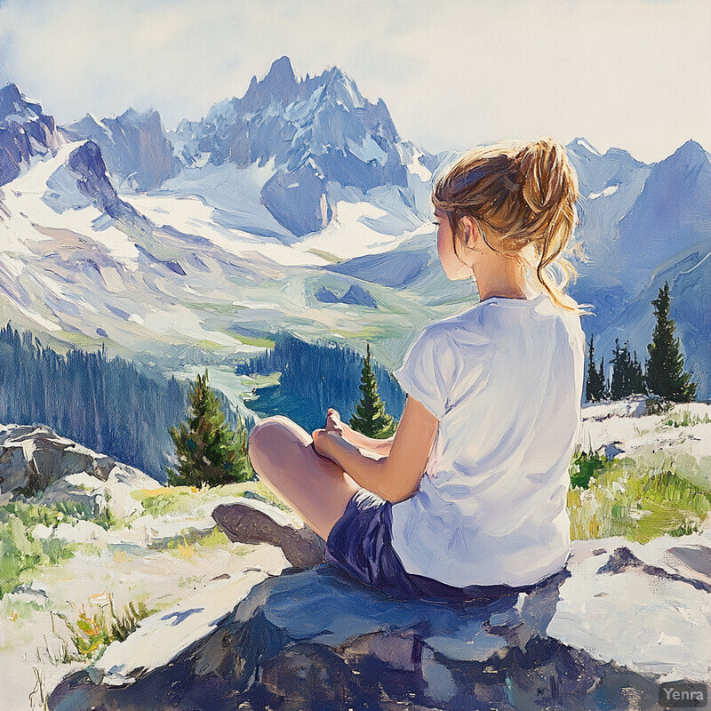 A woman sits on a rock, gazing out at a majestic mountain range in the distance