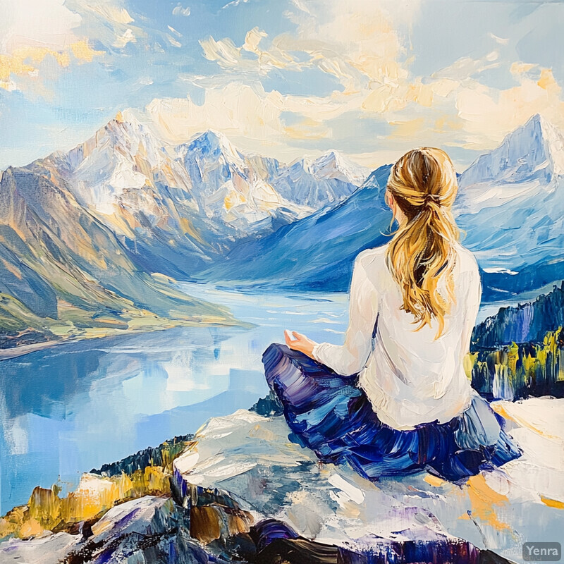 A serene painting of a woman meditating on a rocky outcropping overlooking a mountain range and lake.