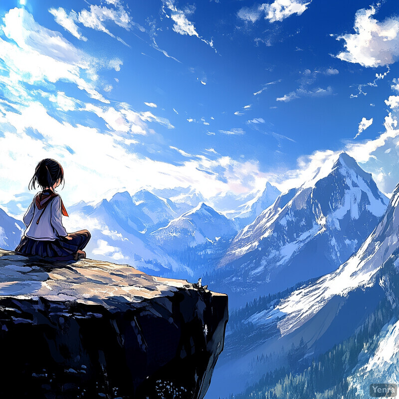 A young girl sits on a cliff's edge, gazing out at a majestic mountainscape.