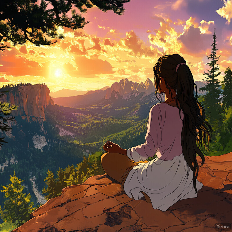 A woman sits on a rocky outcropping, lost in contemplation of a breathtaking mountainscape.