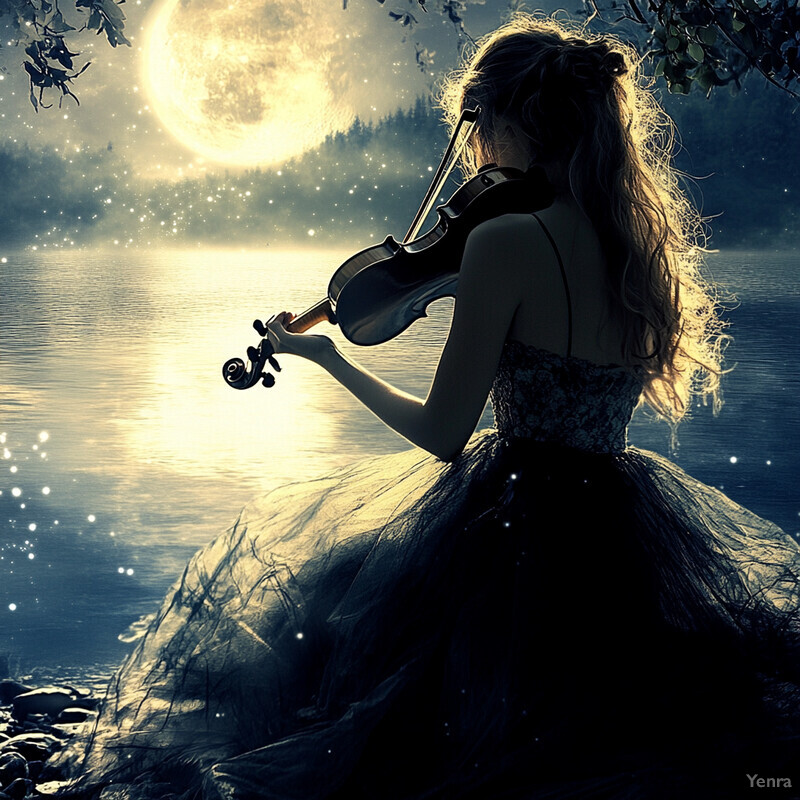 A woman plays the violin by a lake at night under the light of a full moon