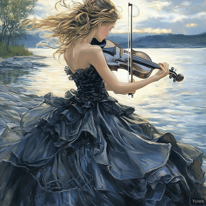 A woman plays the violin on a rocky beach by the water's edge.