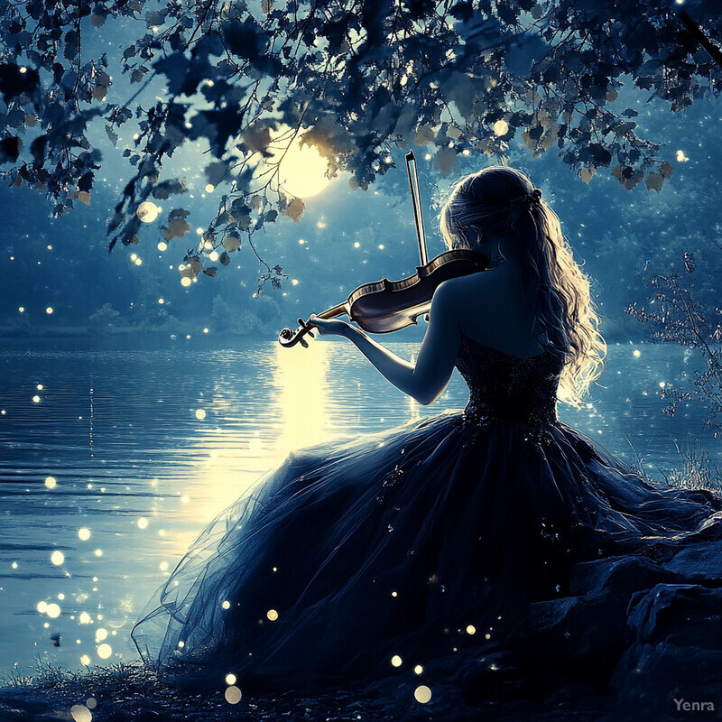 A woman plays the violin by a lake at night, surrounded by a serene atmosphere.