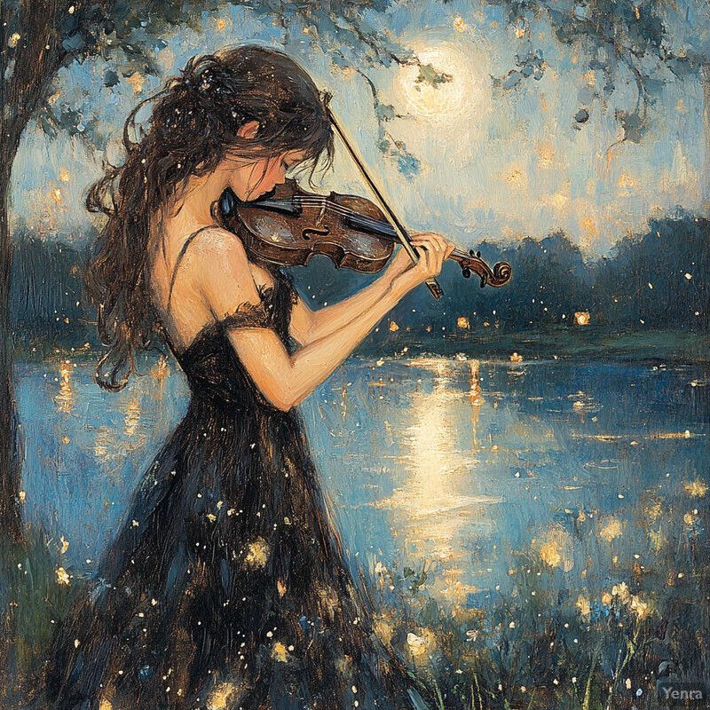 A woman playing the violin by a lake at sunset.