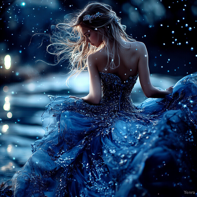 A woman in a blue ballgown sits by a body of water surrounded by greenery and flowers