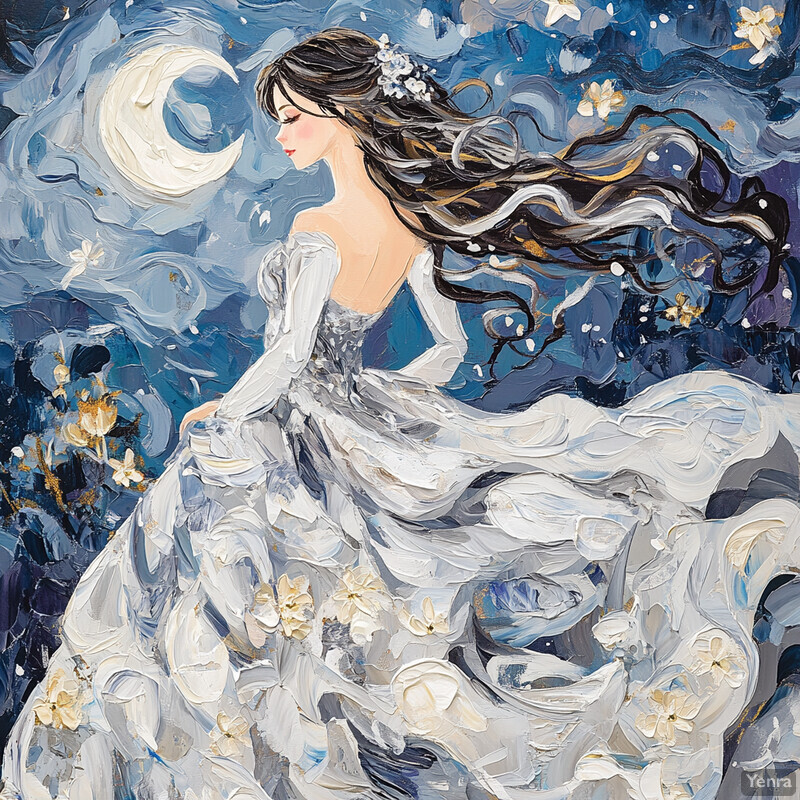 A woman stands in front of a crescent moon, surrounded by flowers and leaves, evoking an atmosphere of mystery and enchantment