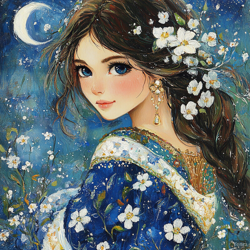 A serene and enchanting scene featuring a woman with long brown hair adorned with white flowers, standing in front of a starry night sky with a crescent moon.