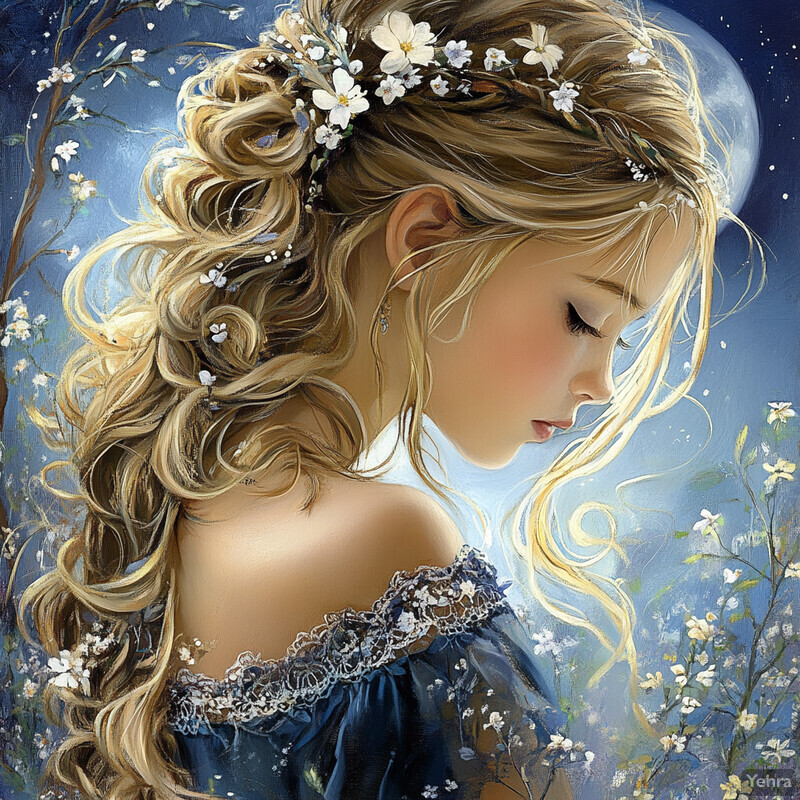 A young girl surrounded by flowers, with her hair styled in an elegant braid adorned with white blossoms.