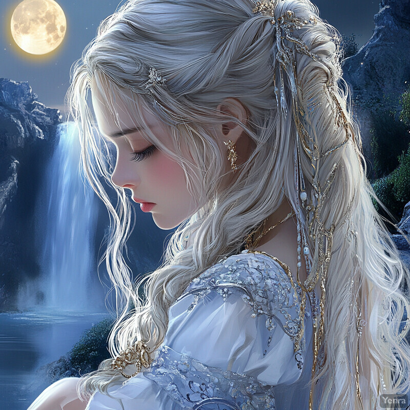 A serene and mystical scene featuring a woman with long, flowing white hair set against the backdrop of a moonlit waterfall.