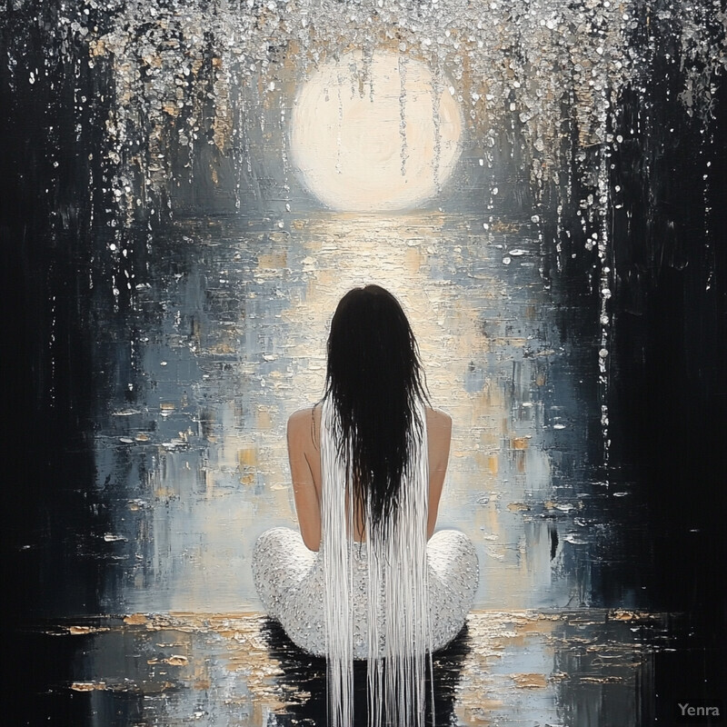 A woman sits in front of a full moon, surrounded by water, creating a serene and contemplative scene.