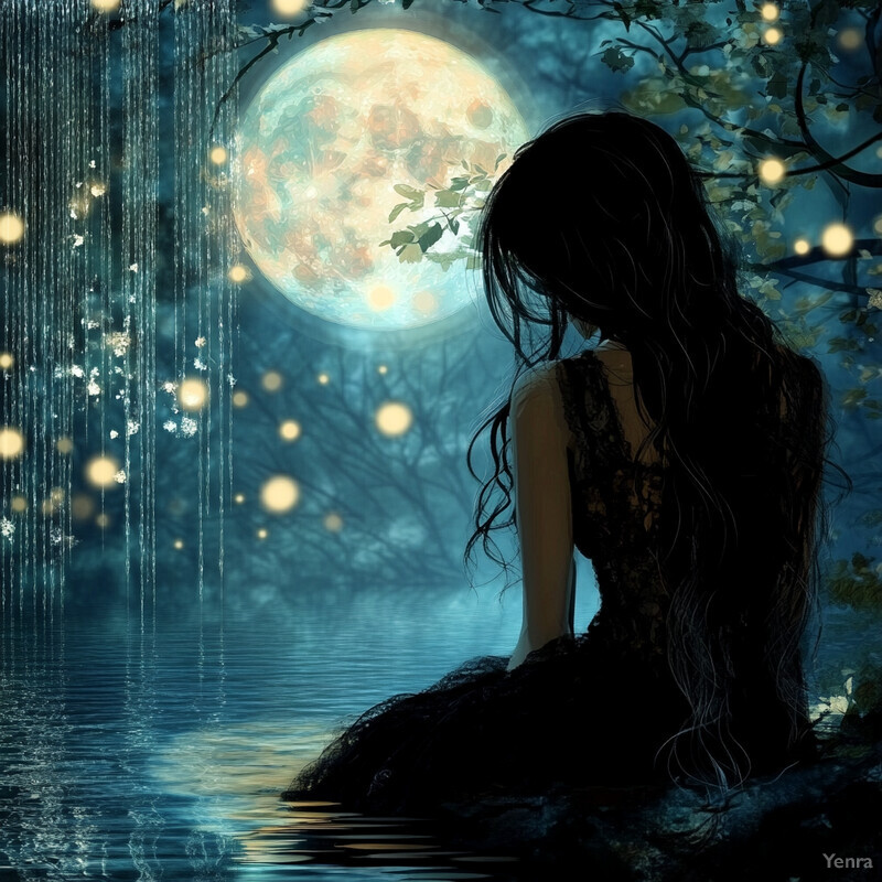 A woman sits by a moonlit lake, surrounded by lush greenery, exuding an air of serenity and enchantment.