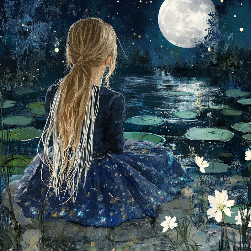 A girl sits by a pond at night, gazing up at the moon, surrounded by trees and water lilies, creating a serene and enchanting atmosphere.