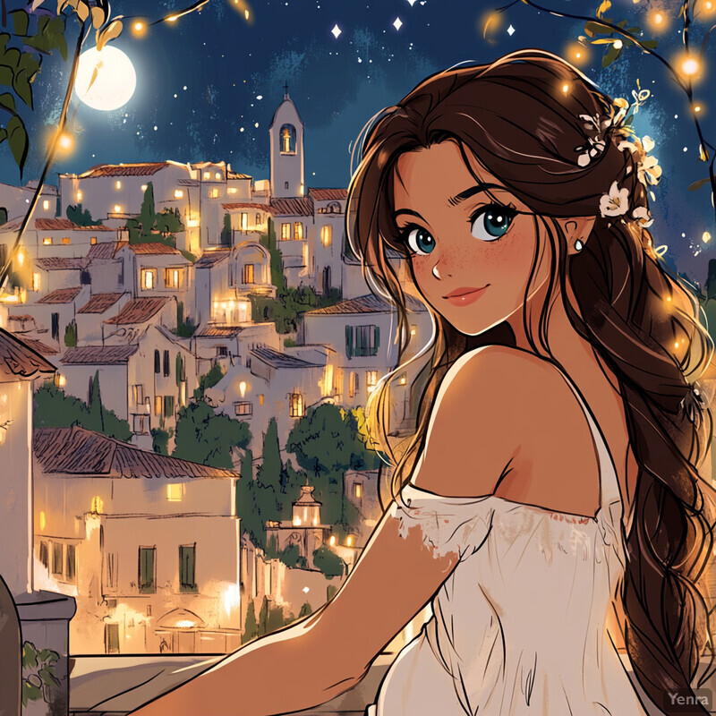 A serene and enchanting nighttime scene featuring a woman on a balcony overlooking a town.