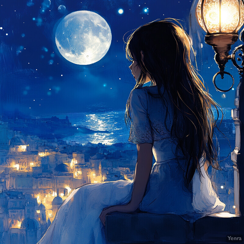 A woman sits on a ledge overlooking a cityscape at night, with the moon shining brightly in the sky.