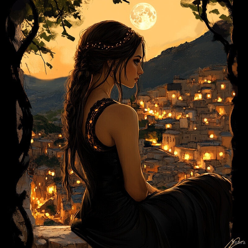 A woman sits on a hill overlooking a small town or village at dusk, lost in thought as she gazes into the distance.