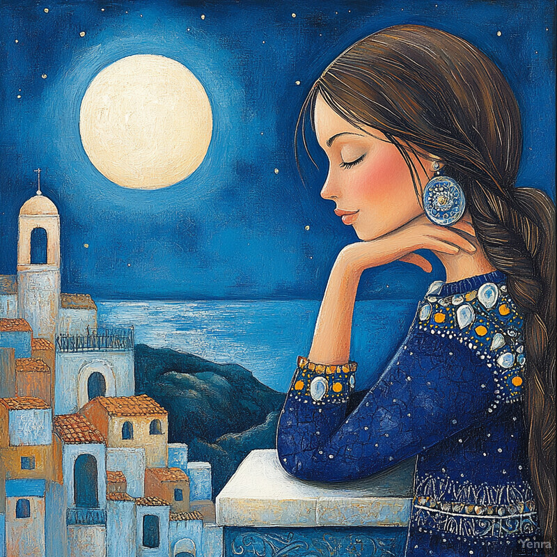 A woman gazes at the moonlit sky from a balcony overlooking a small town by the sea.